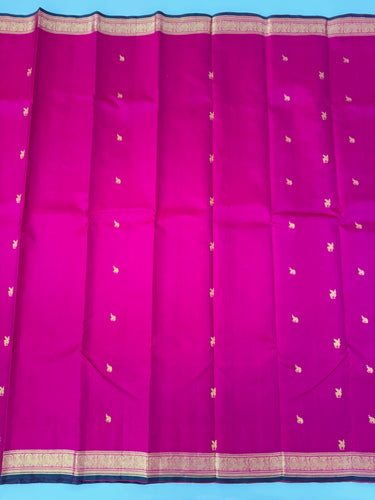 Kanchivaram Pure Silk Pure Zari Silk Saree | Pink | Contrast Blue Blouse | Gold Zari | Handwoven | Ships from California